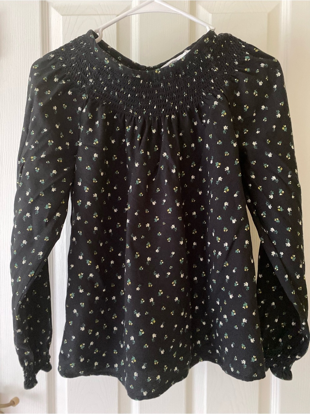 Black Floral Smocked-Neck Long Sleeve Top